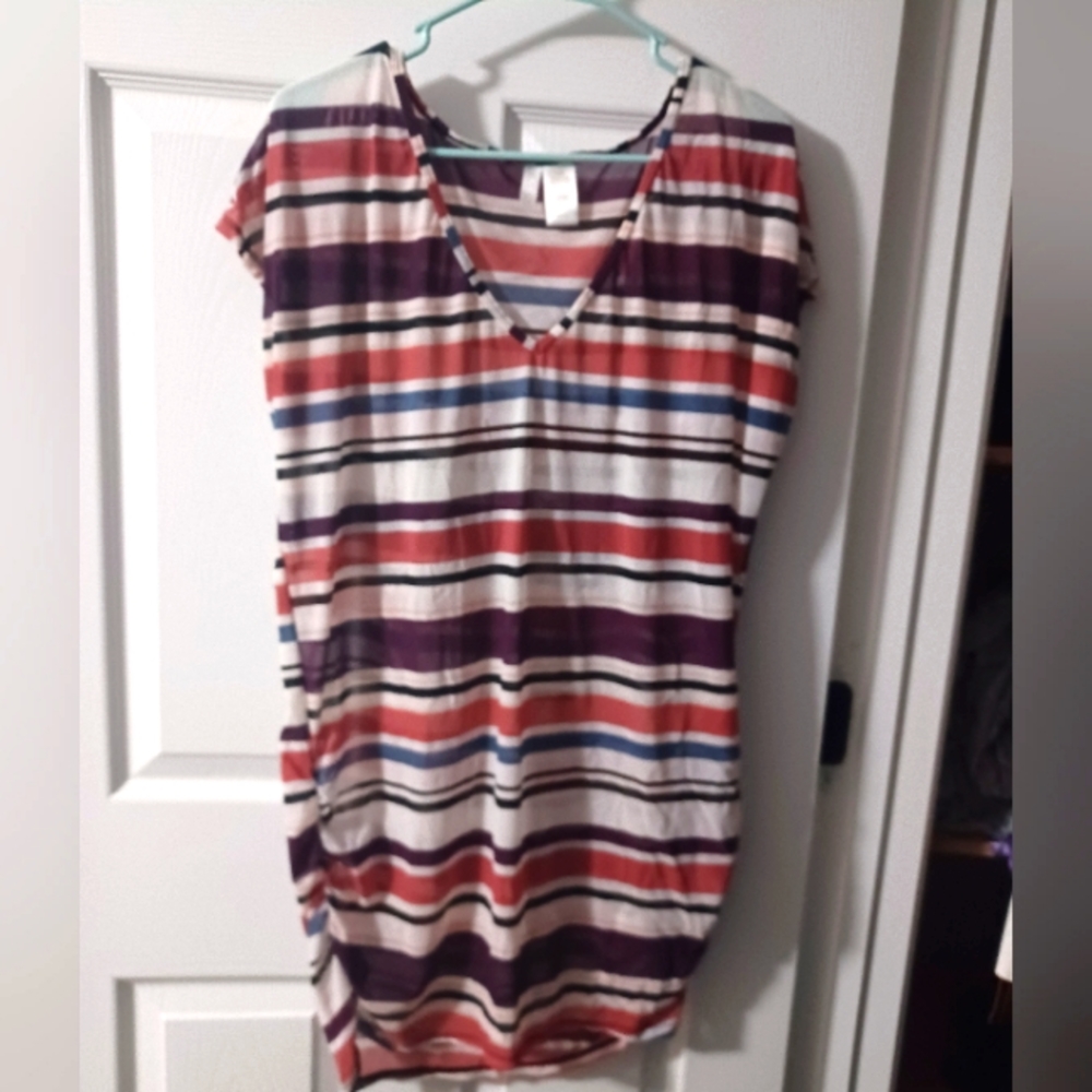 Bathing Suit long Cover up sheer striped L